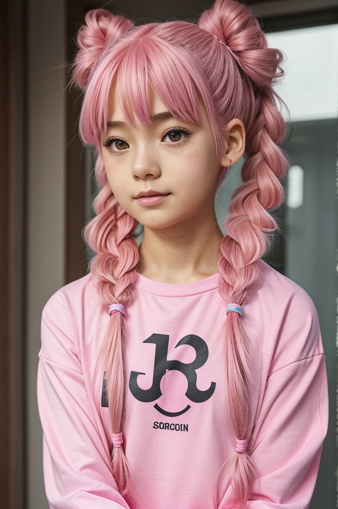 Anime illustration of a 12-year-old girl with vibrant pink hair styled in long, voluminous curls. Her hair features two pretty pink hair clips and is styled half up in two small pigtails, adding a playful charm to her look. Protruding from her head are delicate deer horns that enhance her whimsical appearance. She's wearing an oversized long-sleeve t-shirt in the same shade of pink as her hair; the sleeves extend beyond her hands in a cozy fashion. Beneath this, there are hints of short shorts which match the color scheme. On her feet, she sports cute pink sneakers, tying together the color-themed outfit. The girl's facial features include thin lips and large round eyes exhibiting an ombre transition from a deeper to a lighter shade of pink.