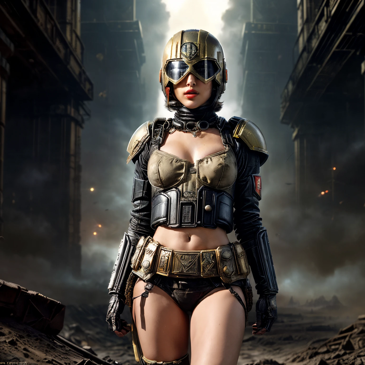 (best quality, 10k, high-resolution, masterpiece:1.2), ultra-high detailed, (photo-realistic:1.37), ((best quality)), ((masterpiece)), ((NSFW)), ((young 20-year-old Hayden Panettiere)), ((red lips)), ((super sexy female Judge Dredd 2000AD style future-cop)), ((skimpy ultra-tiny sexy futuristic police uniform)), ((full body)), ((no panties)), ((utility belt around waist)), ((in the radioactive wastelands of The Cursed Earth)), ((Judge's helmet from the Judge Dredd stories)), ((2000AD)), ((in a full action scene)),