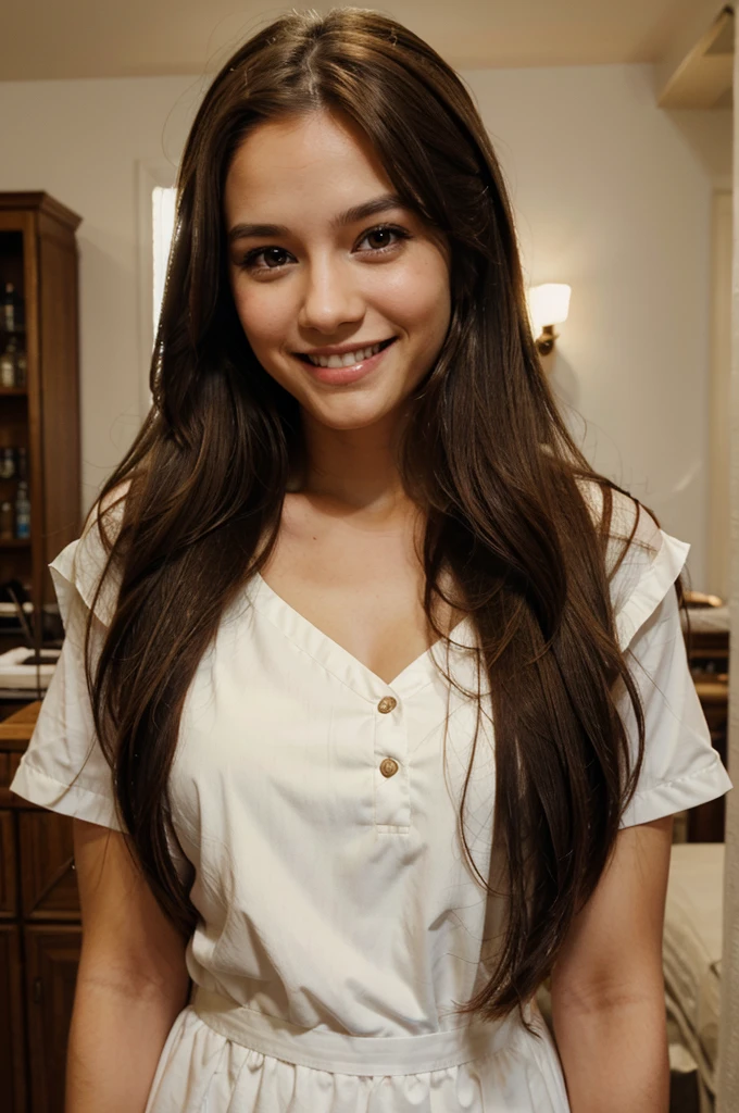 Maid, long brown hair, brown eyes, smiling