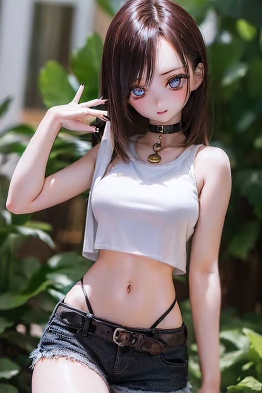 (SFW:2), photorealistic, realistic photo, ((highest quality)), ((masterpiece)), ((extremely detailed)), kukolnydom, doll, (mature woman, 22yo, 22 years old, plastic:1.6), solo, ((cowboy shot, dynamic pose, navel, thighs, skinny, slender, slim)), green eyes, smile, parted lips, (brown hair, looking at another, gradient eyes, shining eyes, detailed eyes, detailed face:1.3), tank top, hot pants, choker, room, 8k