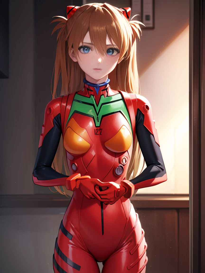 sugarangley, Asuka Langley Soryu, (Souryu Asuka Langley:1.5), Blue eyes, hair between the eyes, headgear, interface headphones, Orange hair, two sides up,
Body Blake, long sleeves, plug-in suit, Red bow,
REST inside, crass room,
REST looking at the viewer, (cowboy shot:1.5),
BREAK (Mesa:1.2), Best Quality, high resolution, unity wallpaper 8k, (illustration:0.8), (Beautiful detailed eyes:1.6), Extra detailed face, perfect lighting, extremely CG details, (perfect hands, perfect ???????),