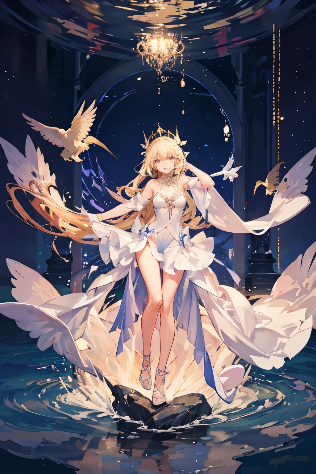 (masterpiece, Highest quality:1.2), (masterpiece, Highest quality:1.2), Girl, Swimsuit innerwear, Mysterious Dress, See-through dress, Long dress, Mythology, Atmospheric, Backlight, Blonde, Long Hair, accessories, nightの湖, water bath, masterpiece, Full body view, Beautiful graphics, Tarot, An illustration, ennui, night, Standing posture, Reach out, Diagonal landscape, look up