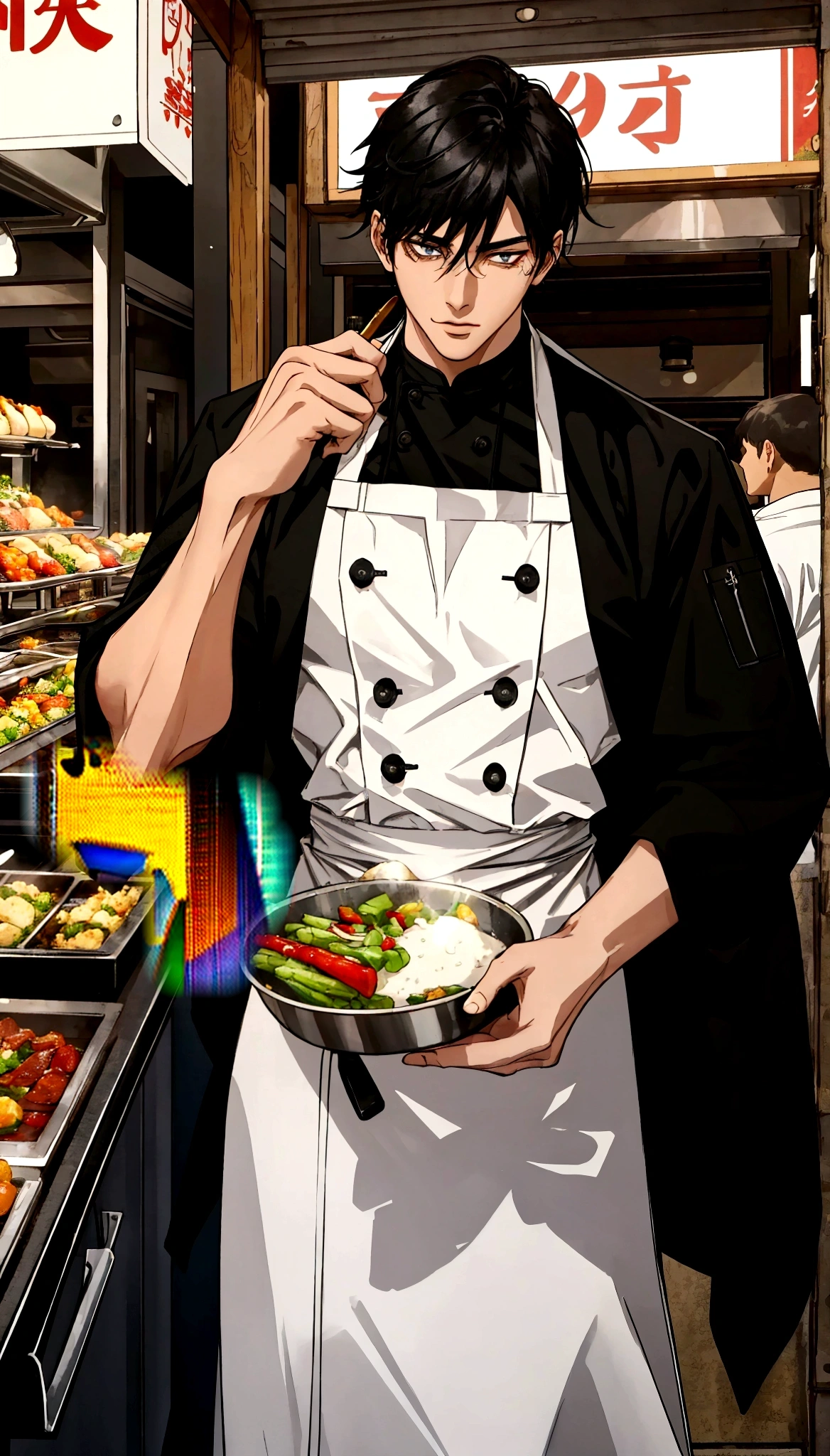 A handsome young man with black hair, dressed in a professional chef's outfit, is standing at a bustling street food stall. He is focused and skillfully preparing a delicious dish, with various cooking utensils and ingredients around him. The background features a vibrant market scene with other food stalls, colorful signs, and a crowd of people eagerly waiting for their food, emphasizing his dedication and expertise in the culinary arts.
