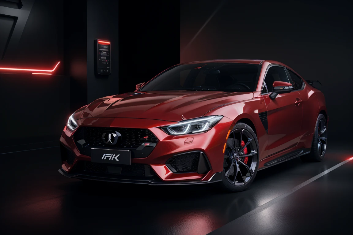 Red car battery, rendered in hyper-realistic 3D, situated on a sleek, high-gloss black background, as if showcased in a luxury automotive showroom. The metallic surface glimmers with intricate details, showcasing the manufacturer's logo and technical specifications. Aesthetic influences of futuristic industrial design blend with the bold, dynamic lines of the battery's shape. The dominant red hue pops against the dark backdrop, while metallic silver accents and hints of deep blue add depth, exuding a sense of power and high-performance.

