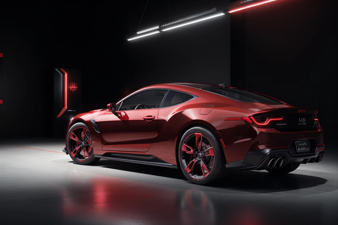 Red car battery, rendered in hyper-realistic 3D, situated on a sleek, high-gloss black background, as if showcased in a luxury automotive showroom. The metallic surface glimmers with intricate details, showcasing the manufacturer's logo and technical specifications. Aesthetic influences of futuristic industrial design blend with the bold, dynamic lines of the battery's shape. The dominant red hue pops against the dark backdrop, while metallic silver accents and hints of deep blue add depth, exuding a sense of power and high-performance.

