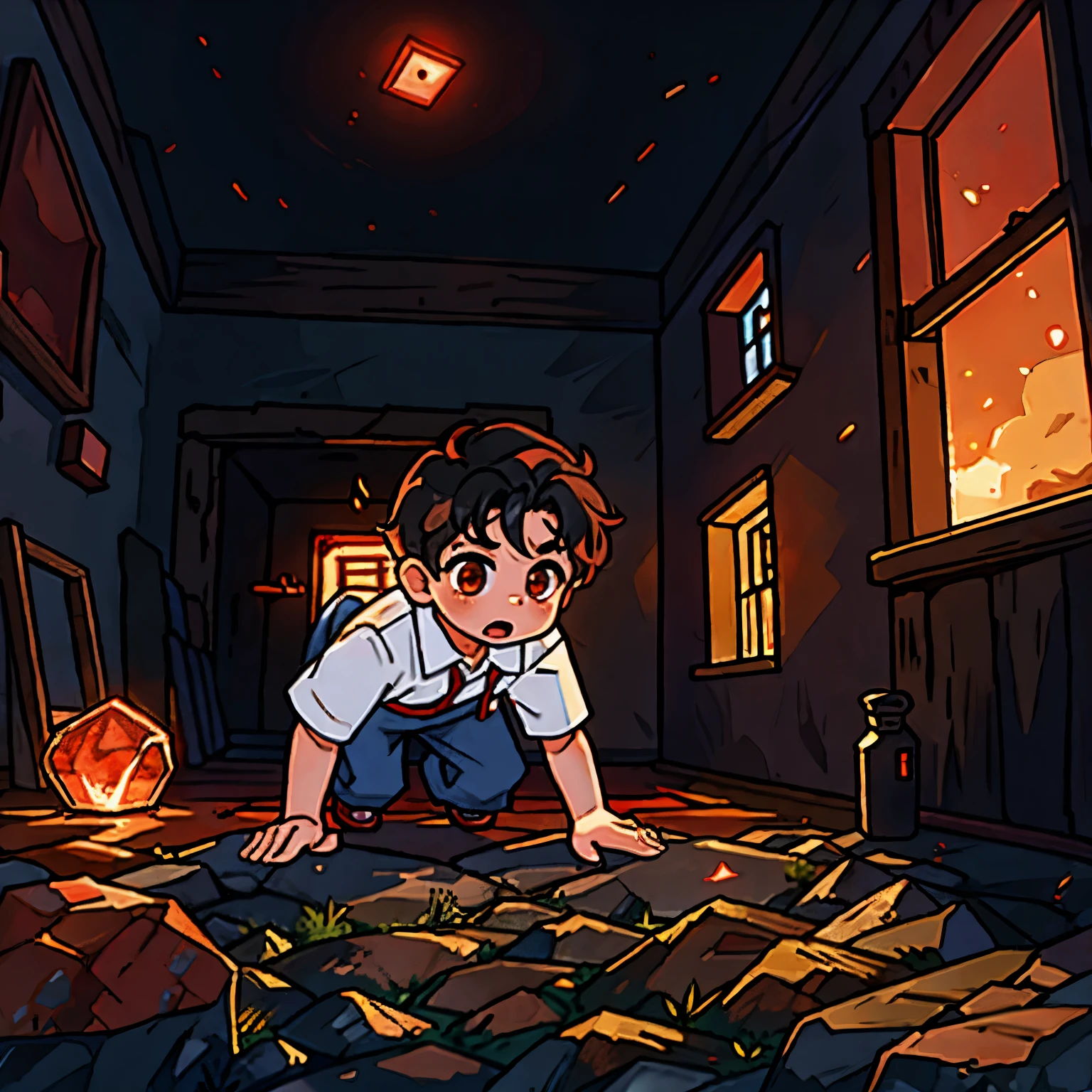 Curious 4 year old boy seeing a glowing red rock, black hair, White skin, clear brown eyes, (in a house)