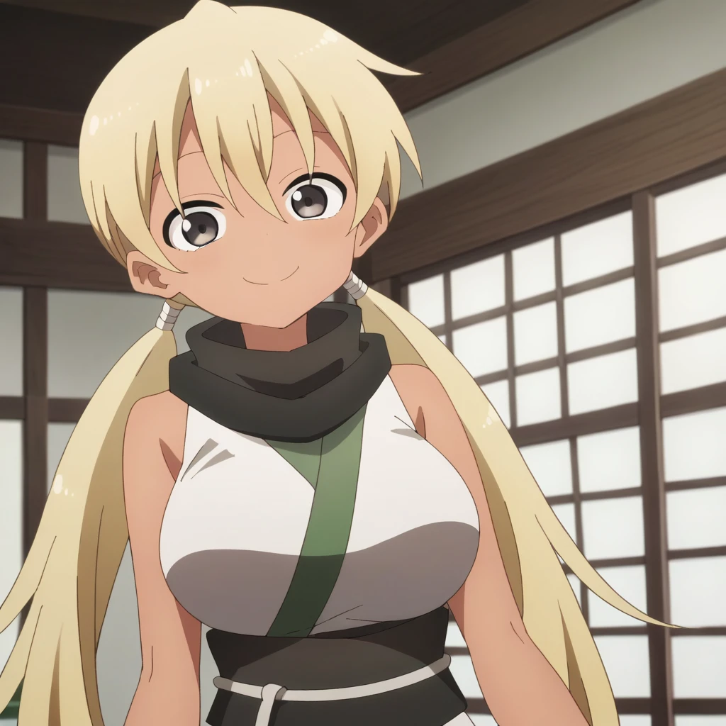 1girl, solo, asagao, long hair, breasts, bangs, blonde hair, large breasts, hair between eyes, bare shoulders, twintails, very long hair, japanese clothes, sleeveless, dark skin, kimono, scarf, dark-skinned female, grey eyes, bare arms, low twintails, black scarf, sleeveless kimono,score_9, score_8_up, score_7_up, score_6_up, score_5_up, score_4_up , anime coloring ,BREAK source_anime, anime,
looking at viewer, smile, (upper body),
indoors, japanese room,