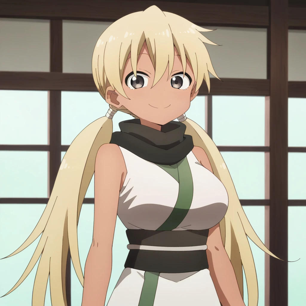 1girl, solo, asagao, long hair, breasts, bangs, blonde hair, large breasts, hair between eyes, bare shoulders, twintails, very long hair, japanese clothes, sleeveless, dark skin, kimono, scarf, dark-skinned female, grey eyes, bare arms, low twintails, black scarf, sleeveless kimono,score_9, score_8_up, score_7_up, score_6_up, score_5_up, score_4_up , anime coloring ,BREAK source_anime, anime,
looking at viewer, smile, (upper body),
indoors, japanese room,