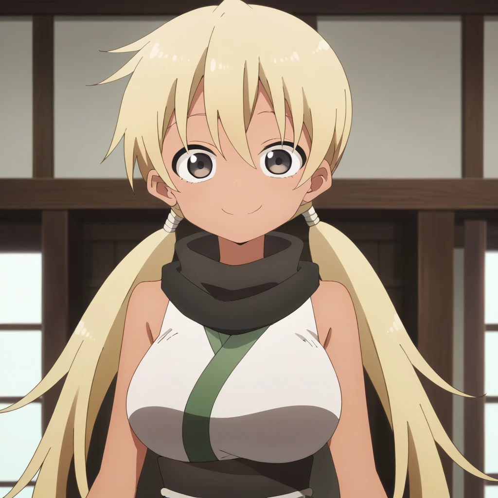 1girl, solo, asagao, long hair, breasts, bangs, blonde hair, large breasts, hair between eyes, bare shoulders, twintails, very long hair, japanese clothes, sleeveless, dark skin, kimono, scarf, dark-skinned female, grey eyes, bare arms, low twintails, black scarf, sleeveless kimono,score_9, score_8_up, score_7_up, score_6_up, score_5_up, score_4_up , anime coloring ,BREAK source_anime, anime,
looking at viewer, smile, (upper body),
indoors, japanese room,