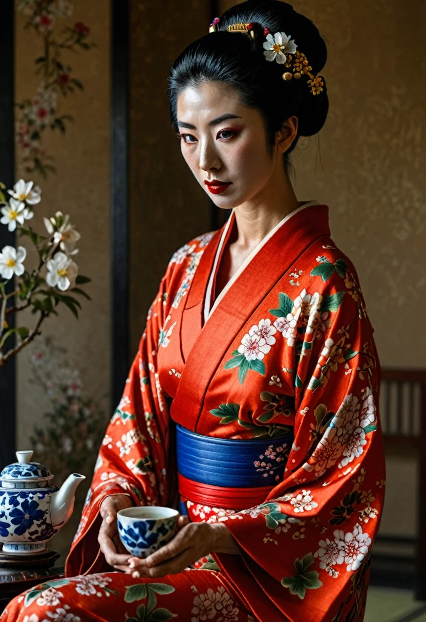 realistic portrait of a young geisha, in a flowered kimono in a room serving tea 