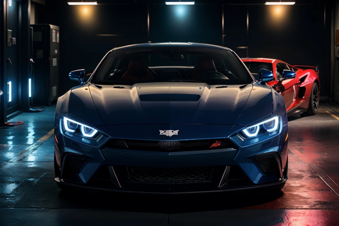 A vibrant red sports car battery, rendered in stunning digital oil paint, set against a glossy, midnight blue garage backdrop, where gleaming metallic tools and wires subtly blur into the background, evoking a sense of high-octane energy and dynamism; the battery's curves and ridges are accentuated by warm, golden lighting, infused with a hint of crimson, while bursts of electric blue sparks seem to emanate from its terminals, electrifying the atmosphere with an exhilarating cinematic flair.