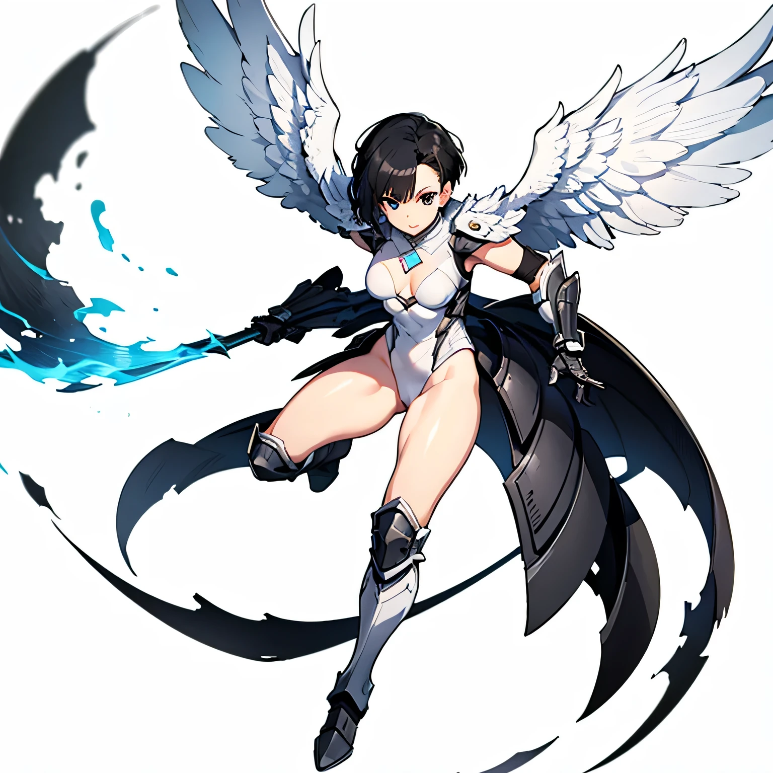 1 woman, action pose, ((black armor)),  armored arms, armored boots, ((white leotard)), short black hair, Angel wings, white background , full body, medium breasts, athletic body