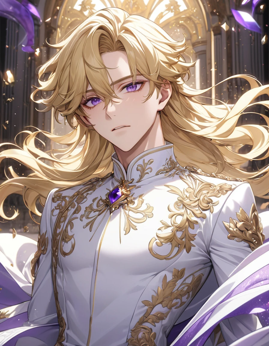 masterpiece, Top quality动漫插图, Very detailed, Extreme details, 16K, 2.5D, delicate and dynamic, 1 male youth, 25 years old, blonde, Purple Eyes, Proud Prince, Finely minced bangs, Attractive appearance, Cold expression, Optimal body proportions, Dressed in gorgeous white clothes and golden accessories, wind, wind effect, glitter effects, background, Royal Palace Gardens + background, Top quality, Rich details, Perfect image quality