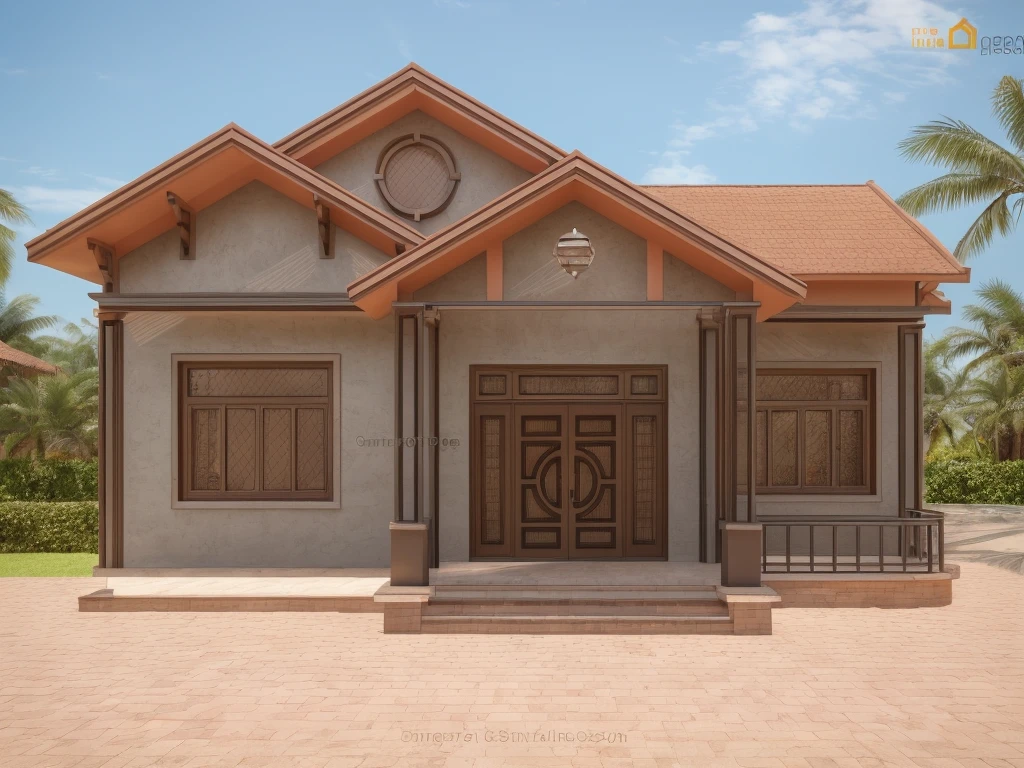 RAW photo,Masterpiece, high quality, best quality, realistic, super detailed,
(exterior: 1.1), modern garden house, material between (brick:1.1) and Terracotta wall, arched door wooden , empty cell wall, beautiful landscape design, wide road in front of the house, (tropical trees), blue sky, soft daylight lightweight,
(high detail: 1.2) ), 8k uhd, high quality