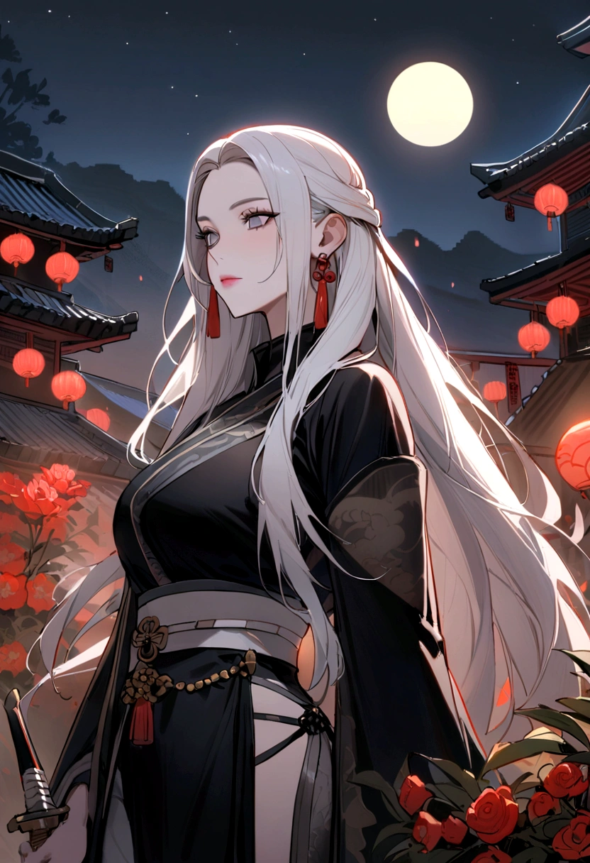 tmasterpiece, The best, the night, moon full, 1 female, Mature woman, Chinese, Ancient China, Sister, Imperial sister, Grim, face expressionless, Silver white long haired woman, pale pink lip, dispassionate, intelligentsia, tribelt, Gray pupils, assassins, daggers, flower ball background, streetview
