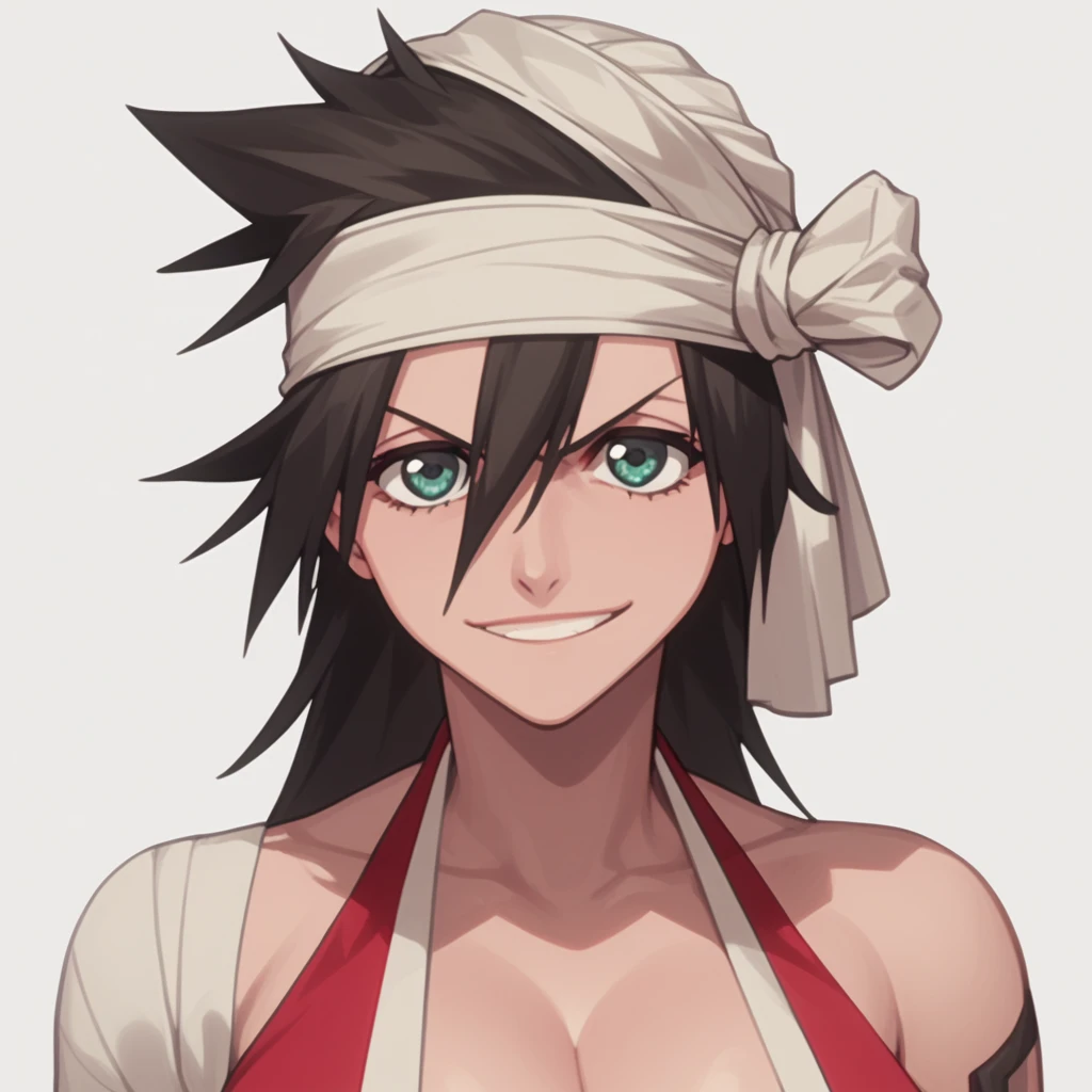 detailed eyes, zPDXL, perfect faces, Kukaku Shiba, white background, smile, looking at viewer, cleavage, large breasts,