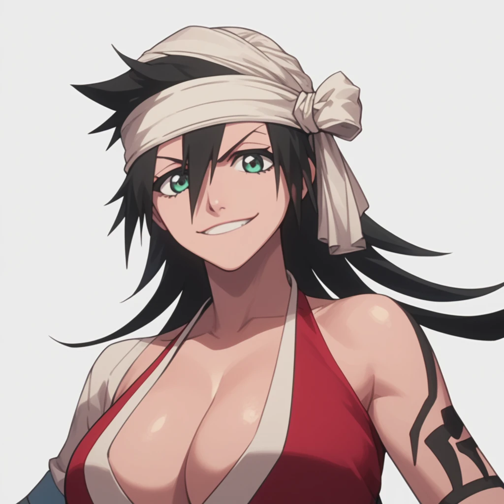 detailed eyes, zPDXL, perfect faces, Kukaku Shiba, white background, smile, looking at viewer, cleavage, large breasts,