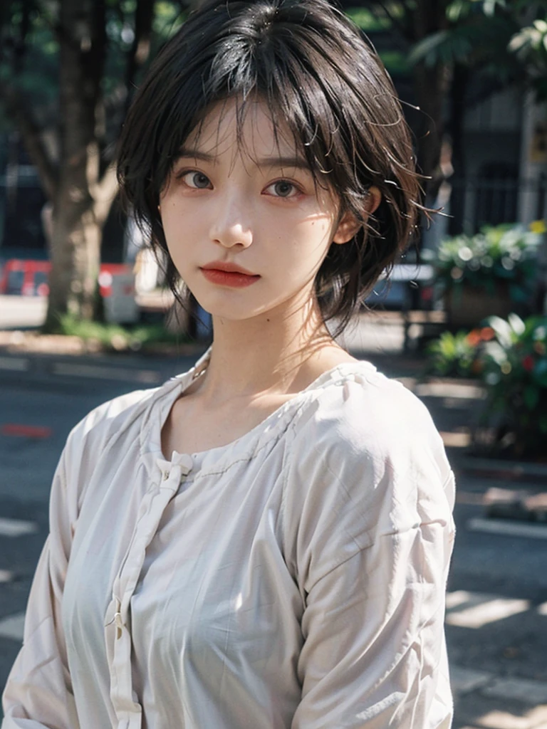 (smooth skin textures:1.3), Lipstick, Upper body,Upper Body,background, earrings, serene, calm, (Dress conservatively:1.6),(Realistic and detailed eyes:1.2), Natural skin texture, Realistic facial details, Soft dramatic lighting, Vivid details, outdoor, (Photo Practical:1.4), (hyper Practical:1.4), (Practical:1.3), (Improve lighting quality:0.9), (Highest quality real skin textures:1.4), (Enhance the beauty of skin texture:1.1), Hair details, model, short hair, Moles under the eyes, Portrait Photography, Depth of Field, Bokeh, Surrealism, Ray Tracing, (Portrait Photography:1.1), Surrealism, High Detail, Chiaroscuro, Ray Tracing, reflected light, Ultra HD, Ultra HD, masterpiece, Textured Skin, Super Detail, High Detail, high quality, best quality