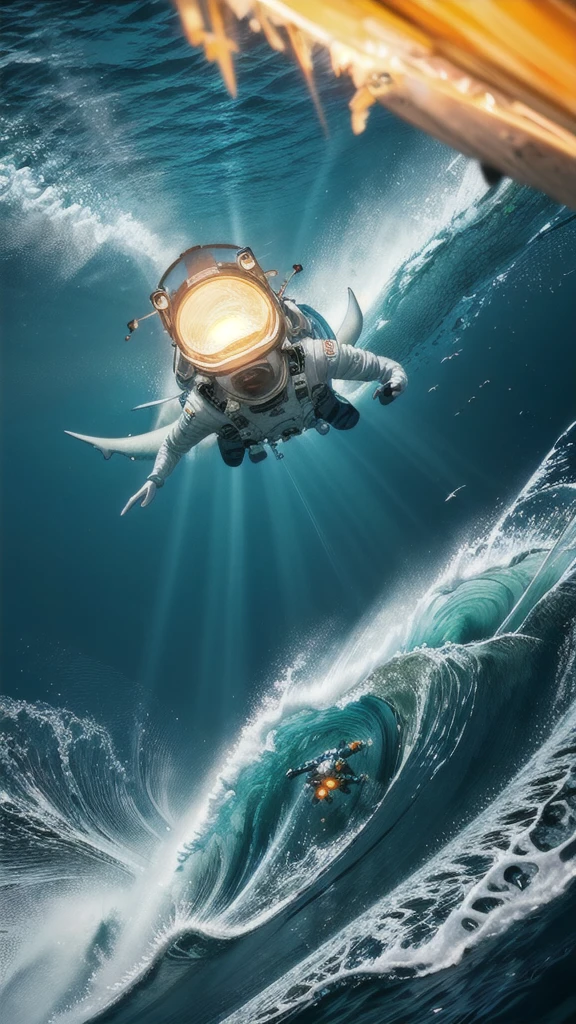 Astronaut with a lit torch dives into the ocean、Shark about to attack, blue green and orange, Low contrast, Faded, Cinematic, High resolution, Depth of written boundary, A broad perspective, White waves and moonlight on the summit, (Ultra-realistic 3D rendering:1.16), Photo Lab, (Art Station:1.2)