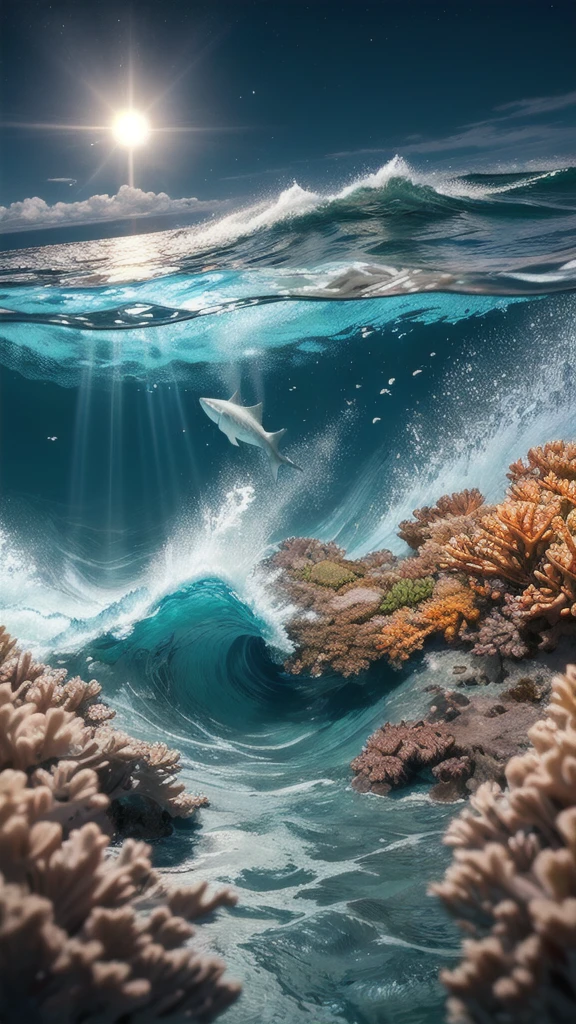 Astronaut with a lit torch dives into the ocean、Shark about to attack, blue green and orange, Low contrast, Faded, Cinematic, High resolution, Depth of written boundary, A broad perspective, White waves and moonlight on the summit, (Ultra-realistic 3D rendering:1.16), Photo Lab, (Art Station:1.2)