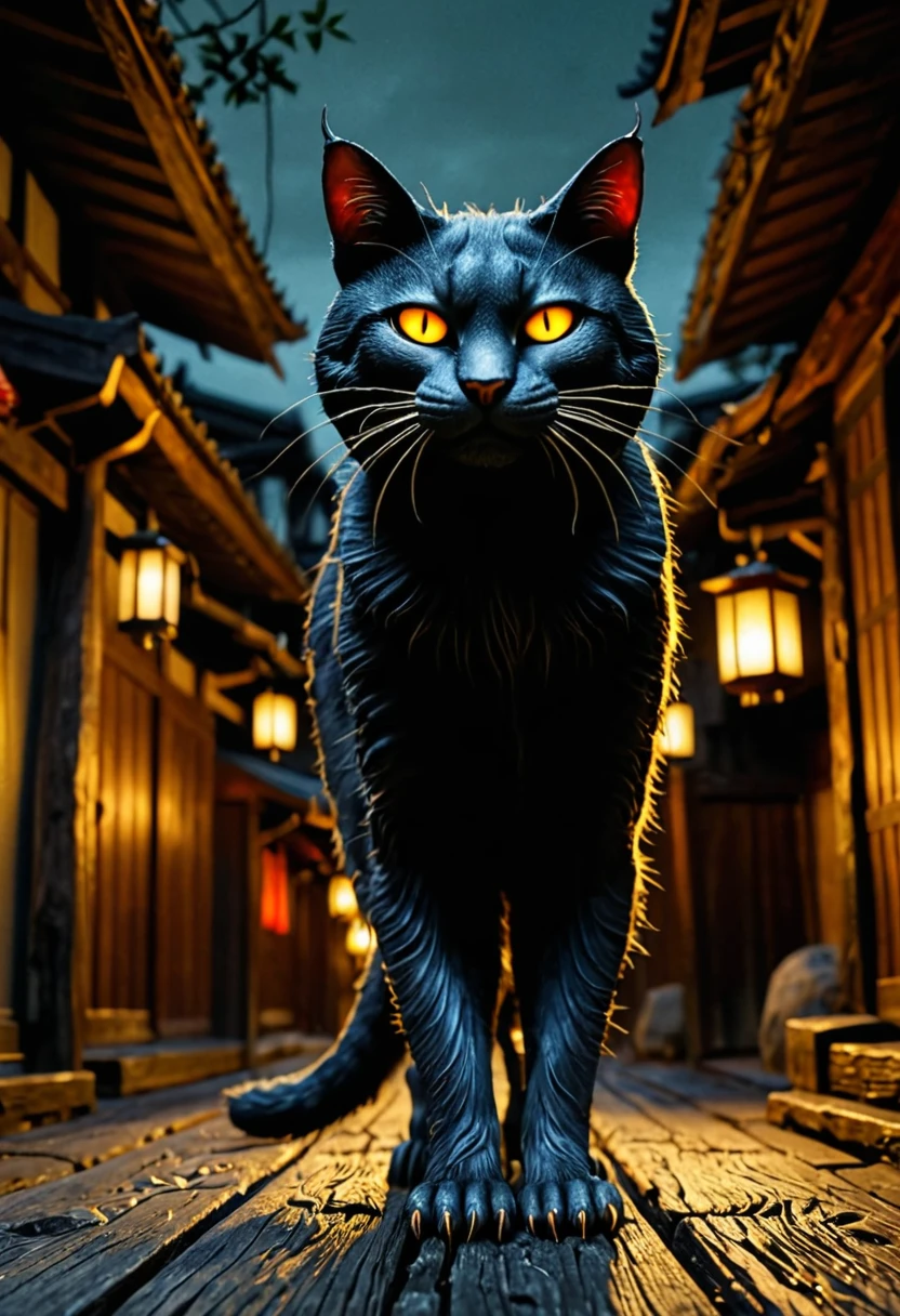 A realistic depiction of a Japanese yokai, the bakeneko. The bakeneko appears as a mysterious and eerie cat with supernatural features. It has large, glowing eyes, sharp claws, and elongated limbs. Its fur is a mix of dark and ghostly colors, giving it an ethereal appearance. The setting is a dimly lit traditional Japanese street with old wooden houses and lanterns casting a soft glow. The atmosphere is tense and mystical, with an air of ancient folklore.