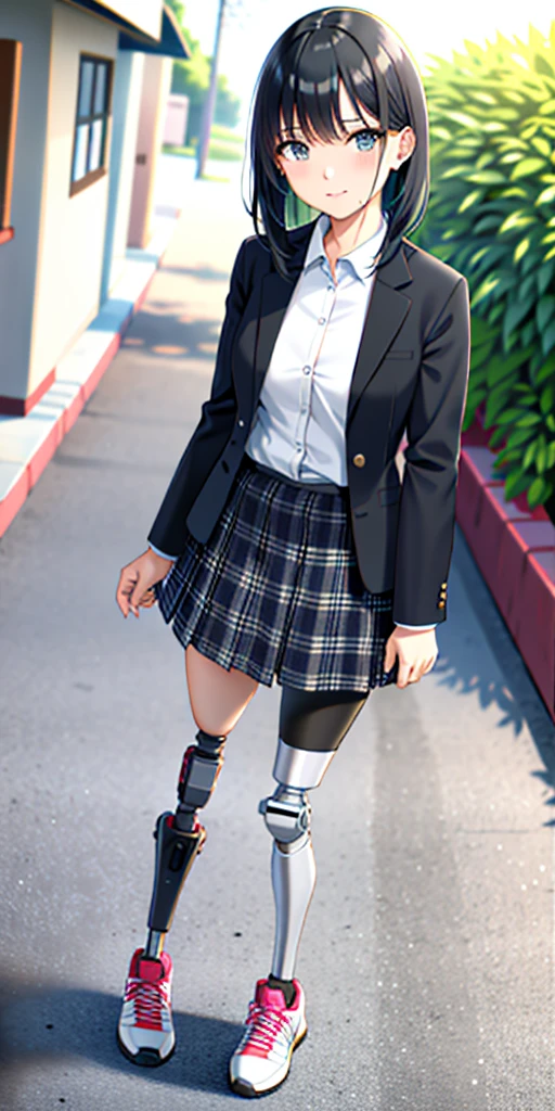 best quality, 1girl, solo, standing, outdoors, medium hair, black hair, straight hair, looking at viewer, medium breasts,  (prosthetic leg:1.2), full body, crying, (skirt:1.4), sneakers, plaid skirt, blue skirt, Japanese uniform, female uniform. 