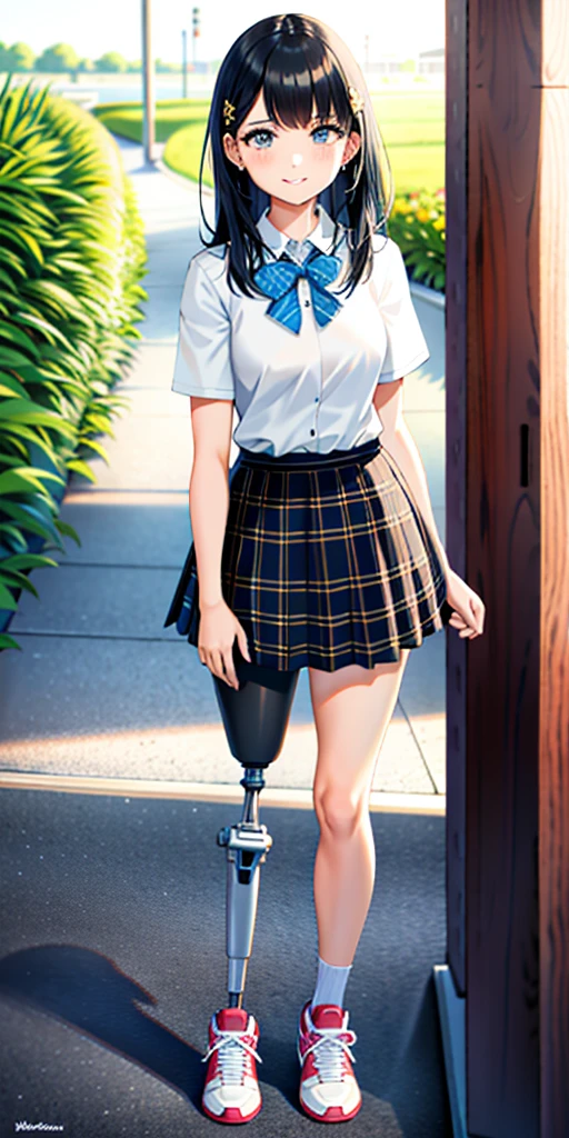 best quality, 1girl, solo, standing, outdoors, medium hair, black hair, straight hair, looking at viewer, medium breasts,  (prosthetic leg:1.2), full body, crying, (skirt:1.4), sneakers, plaid skirt, blue skirt, Japanese uniform, female uniform. 