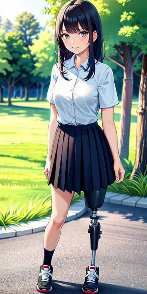 best quality, 1girl, solo, standing, outdoors, medium hair, black hair, straight hair, looking at viewer, medium breasts,  (prosthetic leg:1.2), full body, crying, (skirt:1.4), sneakers, plaid skirt, blue skirt, Japanese uniform, female uniform. 