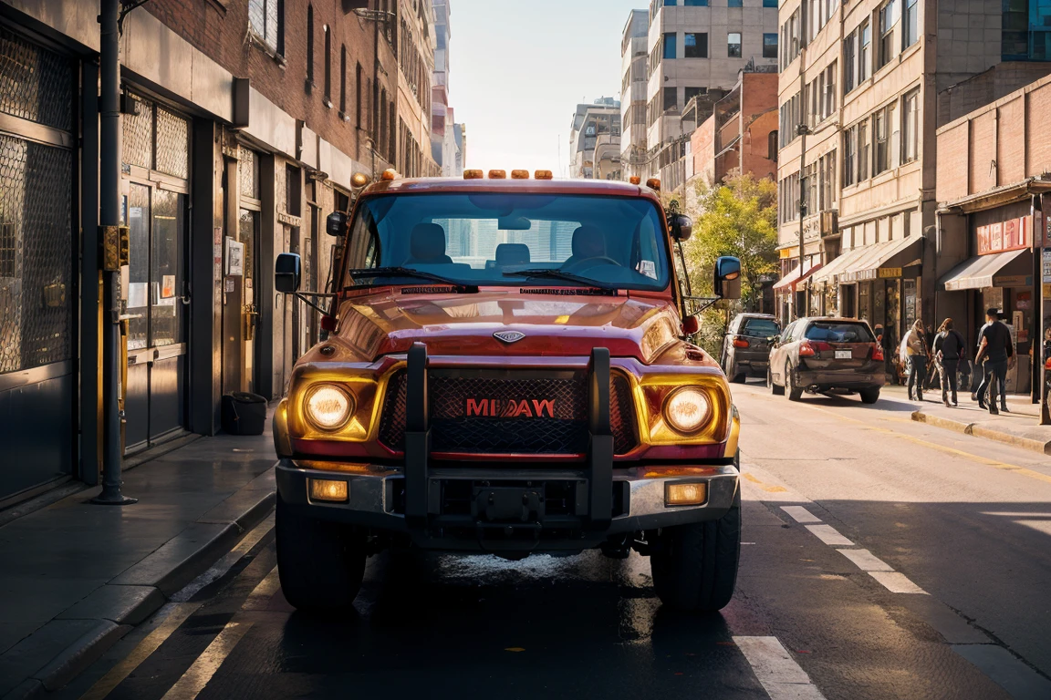 A bright red tow truck, captured in a high-dynamic-range photograph, glistens under the afternoon sun's warm rays, its metallic paint job reflecting the surrounding urban landscape's vibrancy. Angular lines and chunky proportions evoke a sense of rugged reliability, while sleek alloy wheels add a touch of modernity. A subtle sheen on the bumper and chrome accents adds depth, set against a backdrop of muted city blues and grays, evoking a sense of everyday heroism in the midst of urban chaos.