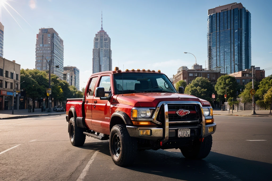 A bright red tow truck, captured in a high-dynamic-range photograph, glistens under the afternoon sun's warm rays, its metallic paint job reflecting the surrounding urban landscape's vibrancy. Angular lines and chunky proportions evoke a sense of rugged reliability, while sleek alloy wheels add a touch of modernity. A subtle sheen on the bumper and chrome accents adds depth, set against a backdrop of muted city blues and grays, evoking a sense of everyday heroism in the midst of urban chaos.