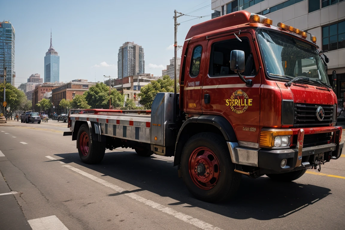 A bright red tow truck, captured in a high-dynamic-range photograph, glistens under the afternoon sun's warm rays, its metallic paint job reflecting the surrounding urban landscape's vibrancy. Angular lines and chunky proportions evoke a sense of rugged reliability, while sleek alloy wheels add a touch of modernity. A subtle sheen on the bumper and chrome accents adds depth, set against a backdrop of muted city blues and grays, evoking a sense of everyday heroism in the midst of urban chaos.