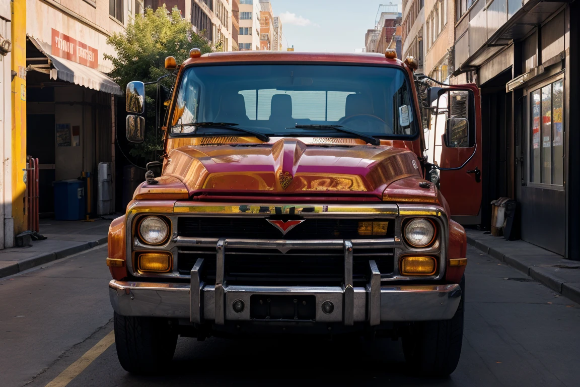 A bright red tow truck, captured in a high-dynamic-range photograph, glistens under the afternoon sun's warm rays, its metallic paint job reflecting the surrounding urban landscape's vibrancy. Angular lines and chunky proportions evoke a sense of rugged reliability, while sleek alloy wheels add a touch of modernity. A subtle sheen on the bumper and chrome accents adds depth, set against a backdrop of muted city blues and grays, evoking a sense of everyday heroism in the midst of urban chaos.