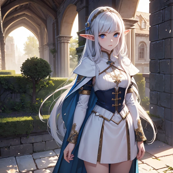 (Absurdres, best high quality, very detailed pixels and textures, carefully detailed quality, solo character alone, carefuly detailef features and textures, full character view)
{1character 18 years old elf girl}, she has pale skin, blue #0000ff hair tied in two pigtails, heterochromatic eyes, very thin lips, slender body, medium big breasts, slender arms, beautiful legs, (wearing a pale grey one-piece unitard, red red cloak, pale grey arm-sleeves, grey gloves, pale grey very long boots, pink and yellow hair pin, yellow ribbons that tied her hair pigtails), (holding a giant large golden green sword), beautiful girl, beauty face, naughty open smile, noisy and savage, cheerful and feminine.
Standing in dannish castle yard.