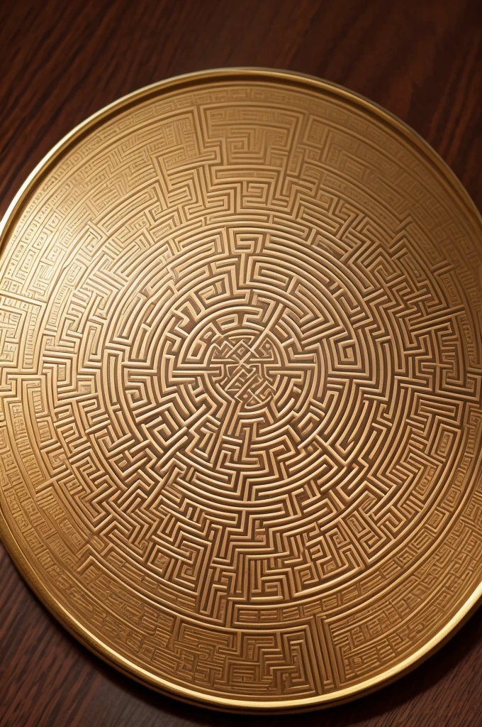 The letter M on top of a round medallion that looks like a maze