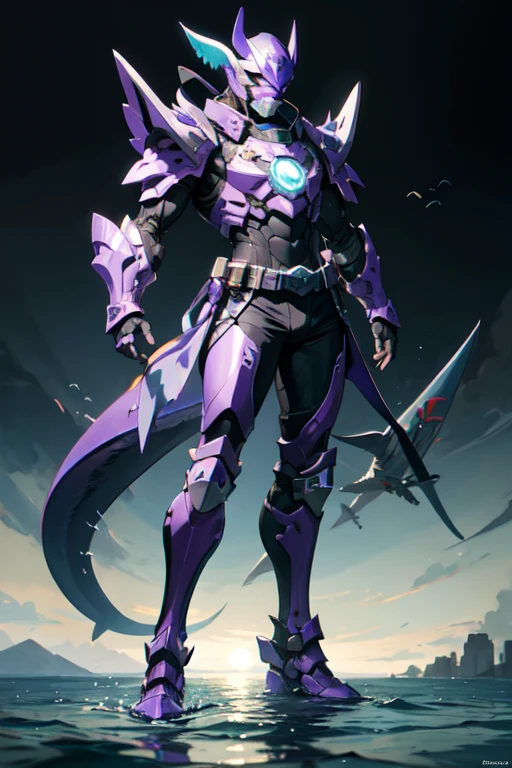 ((best quality)), ((masterpiece)), (detailed), 1 male, full body, 25 years old, masked, purple mask covering his entire head, smooth head, mask covering his mouth, 1 small shark fin-shaped crest on his head, diving mask, angry expression, black collar, tall and strong, very athletic, shark fins, gray details, mechanical shark jaw on his neck, purple fingerless gloves, purple wristbands, water shooters, purple nanotech suit resembling light armor, purple chest with an emblem, green fly emblem on his chest, green emblem, purple pants, shark tail, blue knee pads, metallic purple boots, black superhero belt, standing on a pier by the sea, night city background, anime