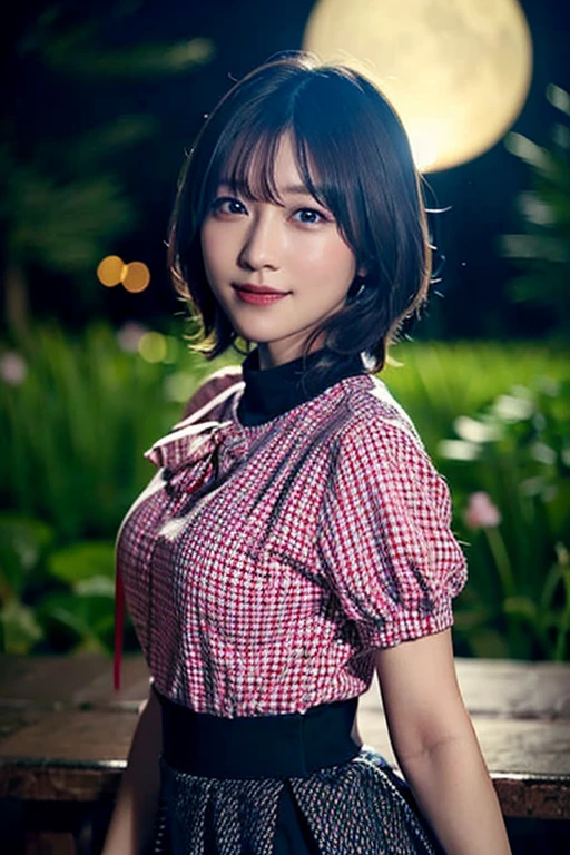 Tabletop, Highest quality,, One Girl, (colorful),(Beautifully detailed eyes and face),Cinematic Lighting,Bust Shot,Highly detailed CG Unity 8k wallpaper,Gray Hair,alone,smile,Complex skirt,((Flying petals)),(Flowery meadow), Sky Porn, cloudy_Sky Porn, building, moonLight, moon, night, (Dark Theme:1.3), Light, Fantasy,
