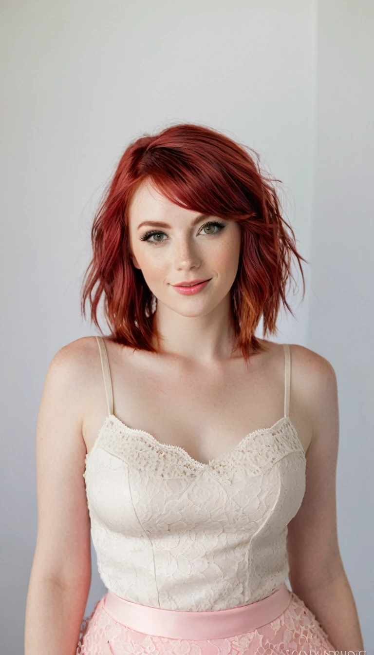 a sexy and slightly smiling twin mom with pretty short spiky red hair slightly wavy in a middle part with side bangs. has sexy eyes and pale pink lips and cheeks. wear a camisole and lace skirt, So beautiful. preset d'digital art, tout le corps, moonlight background, s'sit down and have a coffee, cleavage love