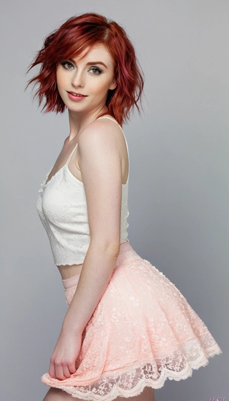 a sexy and slightly smiling twin mom with pretty short spiky red hair slightly wavy in a middle part with side bangs. has sexy eyes and pale pink lips and cheeks. wear a camisole and lace skirt, So beautiful. preset d'digital art, tout le corps, moonlight background, s'sit down and have a coffee, cleavage love