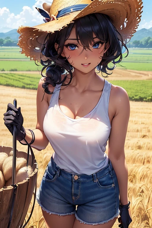 #Basics A girl is posing for a photo, animeのかわいい女の子, (((One Girl, Baby Face, Young girl, 16 years old))),
BREAK
#Clothing Accessories
(Work clothes : (ボロボロのWork clothesロング丈ズボン) + (A simple white tank top) + (Wearing a straw hat) + (Gloves)), Rugged boots, (They carry large hoes and other sturdy farm equipment on their shoulders.),
BREAK
#Features
((Black Hair:1.4 Curly hair:1.4, (ponytail : Short Hair + Hair blowing in the wind)),
(Droopy eyes, blue eyes), (Small breasts),
BREAK
#background environment
((noon, Sunshine, blue sky, Tanned and dark skin, Standing in an agricultural landscape, such as a crop field or pasture, There are agricultural tools and machinery around.)),
#Facial Expression Pose
((Wicked Smile), (Are standing)),
#composition
((Face the camera, Angle from the front, Cowboy Shot:1.4)),
BREAK
#Body parts elements
(Detailed hair, Beautiful Hair, Shiny Hair),
(double eyelid, Long eyelashes),
(Expression of fine eyes, Beautiful and delicate eyes, Sparkling eyes, Eye Reflexes, Glitter Eyeliner),
(Human Ear),
(Beautiful Nose, Thin Nose),
(Glossy lips, Beautiful Lips, Thick lips, Glossy Lips, Natural Cheeks),
(Detailed face, Symmetrical facial features),
(Detailed skin, Textured skin, Beautiful Skin, Shiny skin),
BREAK
#Quality
(((Highest quality)), ((masterpiece)), ((Very detailed))), ((High resolution), (16K,1080P)),
(Realistic), (Anatomically correct),
((comics, anime)), (3DCG), CG illustration,