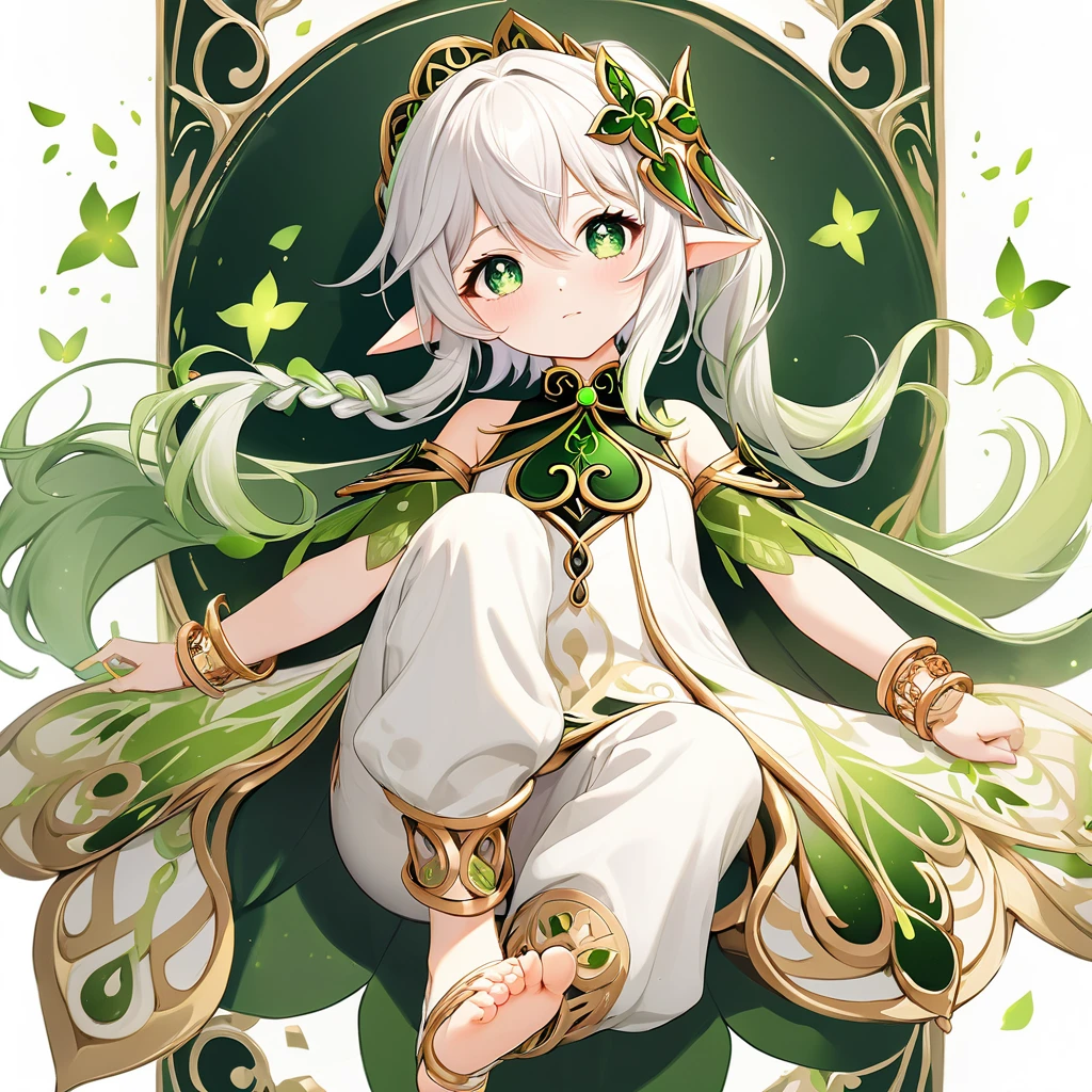 nahida (genshin impact) appears as a fair-skinned young woman with white hair styled in a side braid and a ponytail, and she has pointed ears. She has large green eyes and wears a large green headdress on one side of her head, which is also framed by uneven bangs. Additionally, she has flawless, perfect fingers and hands. Nahida's attire consists of a white dress adorned with green and gold details, loose sleeves of patterned green fabric, and a gold bracelet on her right wrist. Her dress is embellished with various green gems and decorated with intricate golden patterns. Underneath, she wears white trousers. On her back, she wears a split pale green cloak and white sandals surrounded by gold that expose her toes.