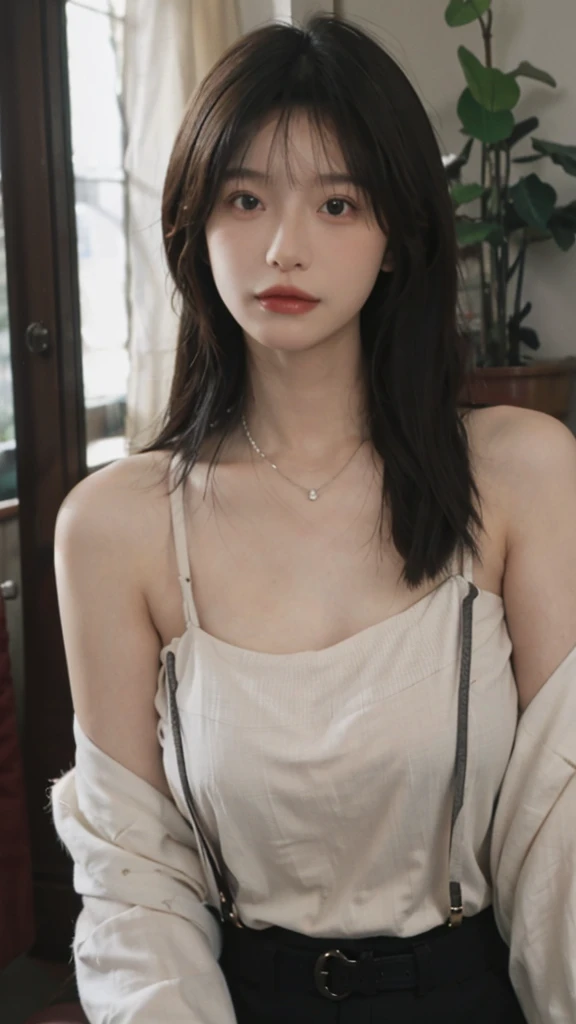 Film portrait photography, 2 girls, Bare shoulders,Lipstick,(flat chest:1.4), Wear a necklace,Cute expression,Exquisite makeup,Red suspenders,serene, calm, (Realistic and detailed eyes, Natural skin texture, Realistic facial details), Big breasts:1.6,Big Breasts,Soft dramatic lighting, Depth of Field, Bokeh, Vibrant details, Detailed and detailed, Surreal, 35mm film, hazy, ,