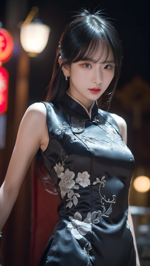 sexy cheongsam, SMALL BREAST, sexy pose, model pose, earring, shanghai street night, moonlight, windy, hair flying, night, extremely detailed eyes, extremely detailed face, best quality, extremely detailed, one person, one girl, ultra-detailed, (realistic, photo-realistic:1.3)