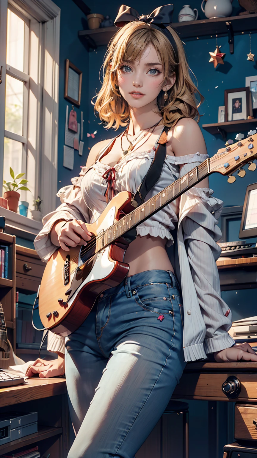 (8K, RAW Photos, Highest quality, masterpiece:1.2), (Realistic, photo-Realistic:1.37)、19-year-old Caucasian female、Blonde、Wear off-the-shoulder tops、I can see my belly button、Wear low rise skinny jeans、Teenager's room(((Cute accessories)))、(((computer)))、The wall  is pastel blue、(((play the guitar)))、smile、hair band((hair ribbon))、play the guitar