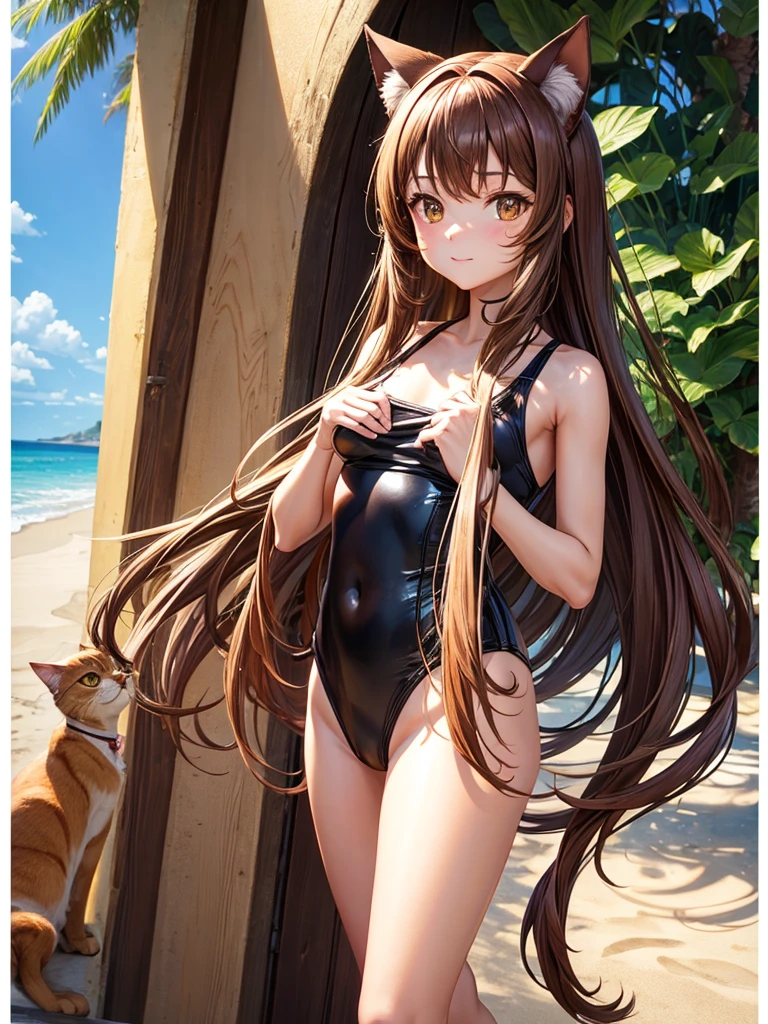 Brown long hair girl brown eyes brown cat ears brown cat tail wearing bronze swimsuit