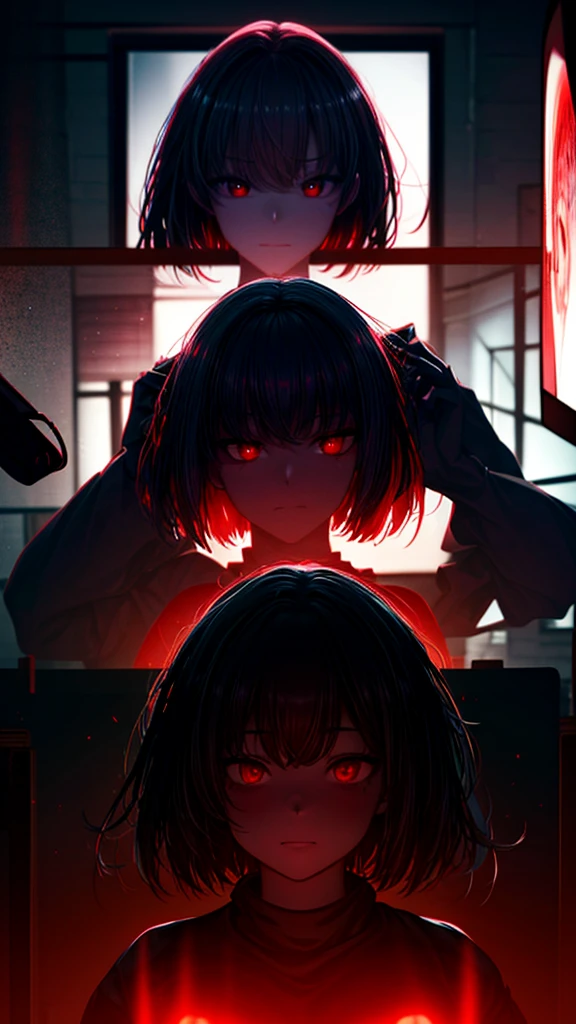 a woman with red eyes stands in front of a window, beautiful eyes are visible on a large monitor screen in the background, A girl in the center, a silhouette of a girl in the center, red lighting, glowing red eyes, a dim room, lighting from screens, monitor panels that depict girls, eyes are visible on monitor panels.