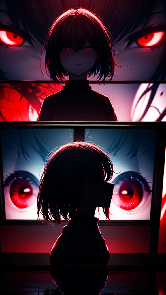 a woman with red eyes stands in front of a window, beautiful eyes are visible on a large monitor screen in the background, A girl in the center, a silhouette of a girl in the center, red lighting, glowing red eyes, a dim room, lighting from screens, monitor panels that depict girls, eyes are visible on monitor panels.