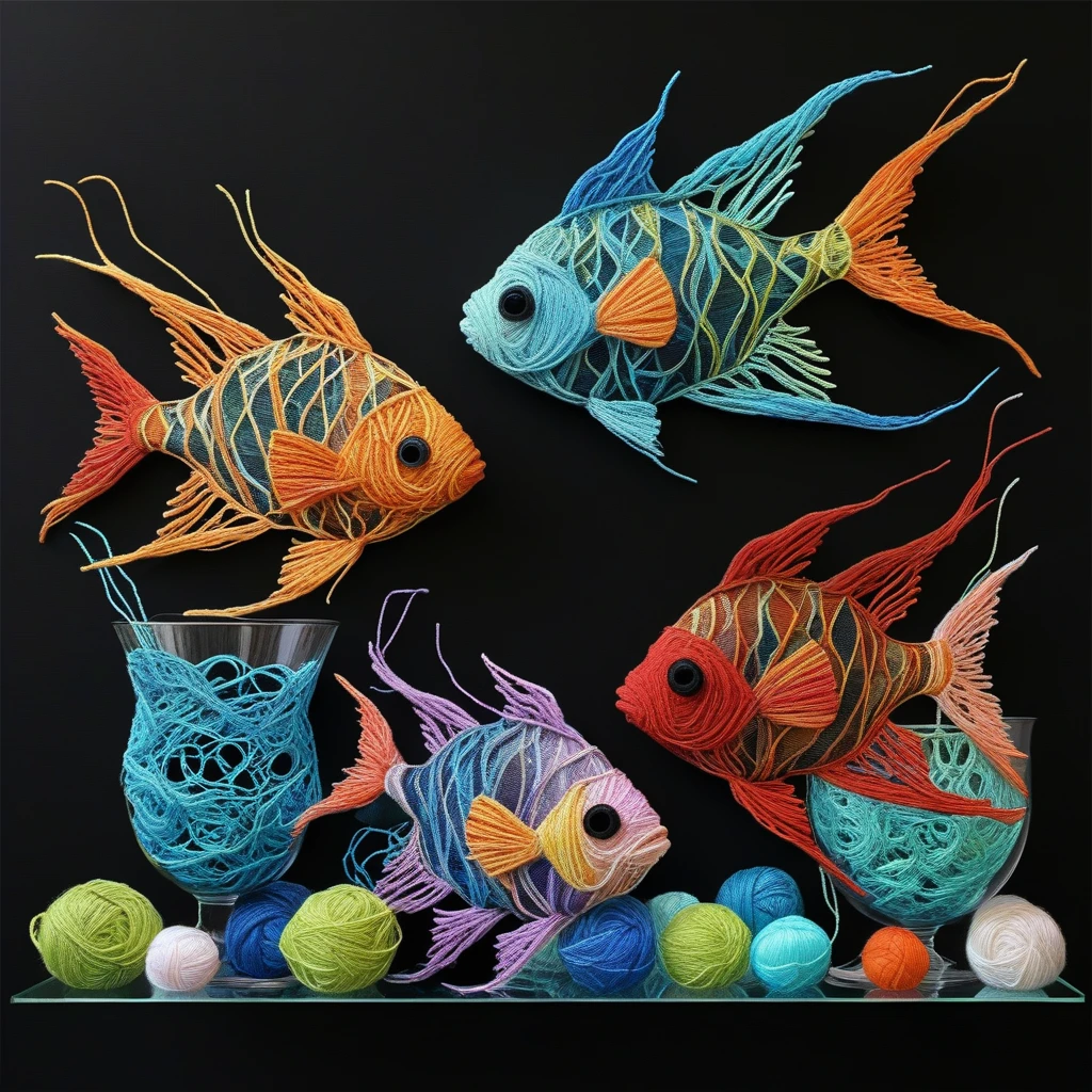 harlequin fish, angel fish, cardinal fish,  in glass bowls, Yarn art style