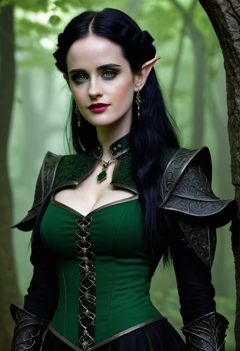 woman, long straight black hair, elf type, cherry dress, large bust, in fantasy forest, with a scepter, looking at the camera, photorealistic