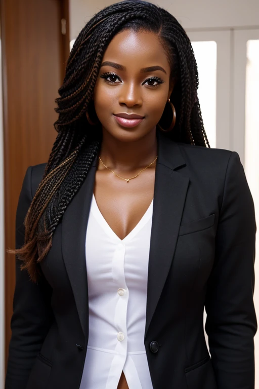 A gorgeous beautiful black woman, beautiful silhouette, bonitas + kind lips+Businessman Tresse) are in a company . very realistic Ivorian communications manager