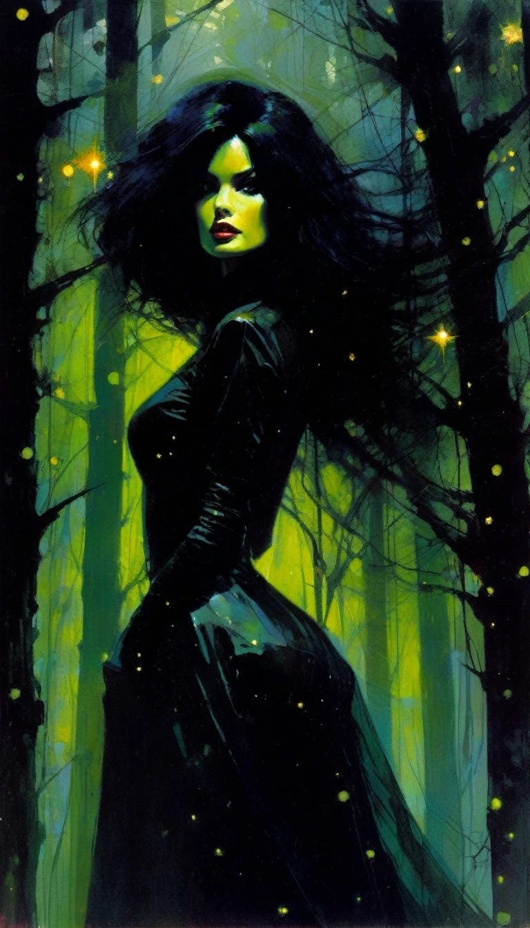 sexy nude black hair girl, dark forest, sinister, stars, background, (art inspired in Bill Sienkiewicz). oil painting)
